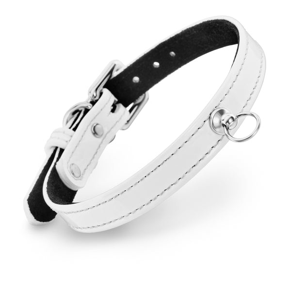 Dog White Patent Collar with Metal Ring