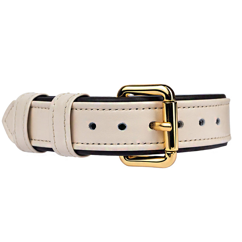Leather Beige-Dark Chocolate Dog Collar with Gold Hardware