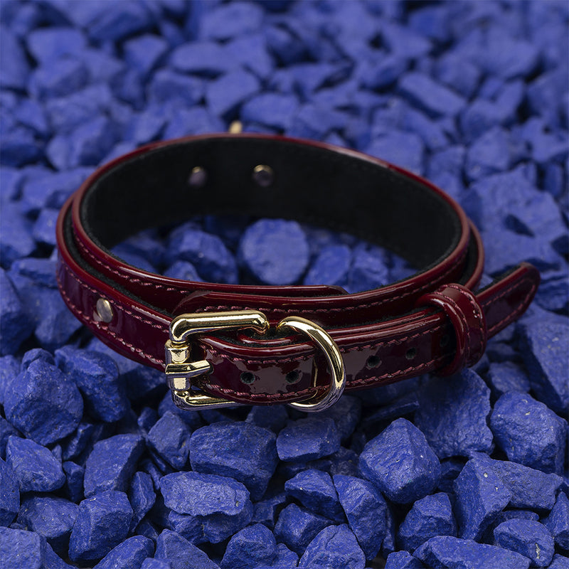Premium Dog Burgundy Patent Collar with Soft Suede on Blue Stone Another Side