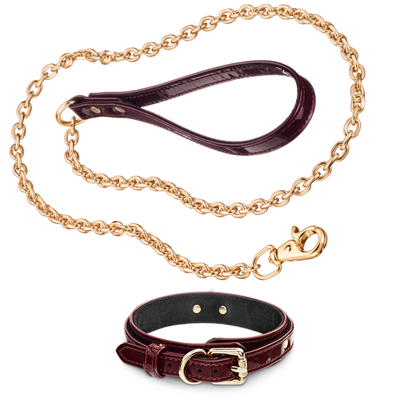 Recollier Dog Gold Chain Leash and Volt Collar Set Burgundy Patent
