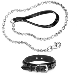 Recollier Dog Silver Chain Leash and Volt Collar Set Black Patent