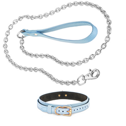 Recollier Dog Silver Chain Leash and Volt Collar Set Light Blue