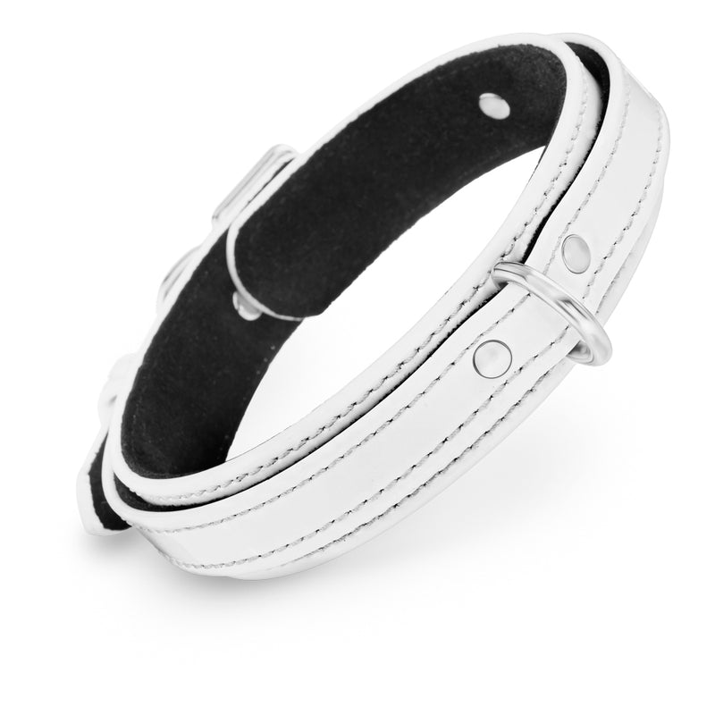 Premium Dog White Patent Collar with Soft Suede