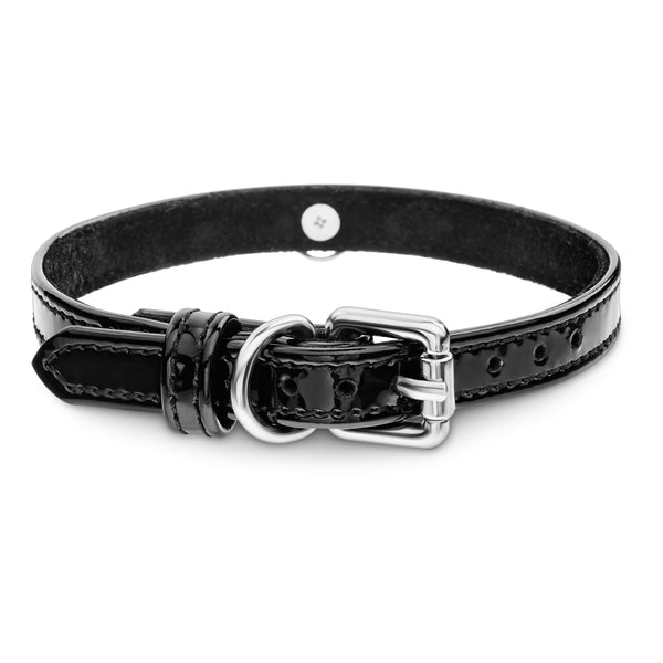 Dog Black Patent Collar with Metal Ring Another Side
