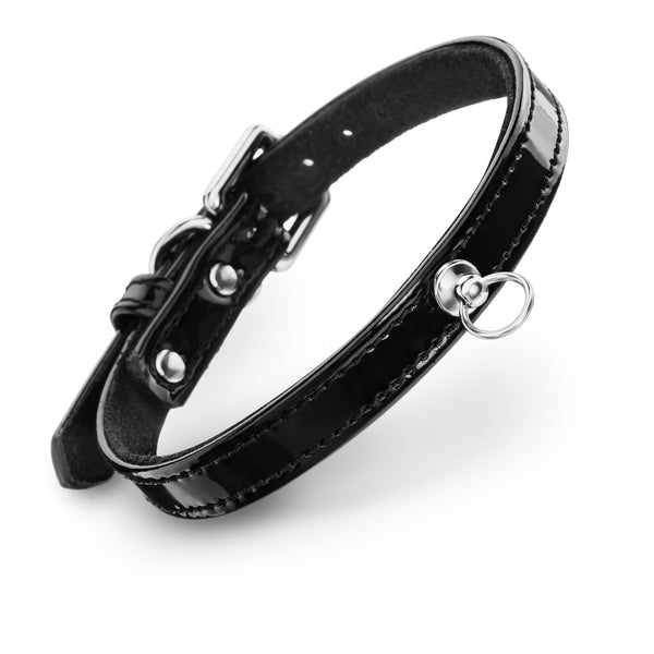 Dog Black Patent Collar with Metal Ring