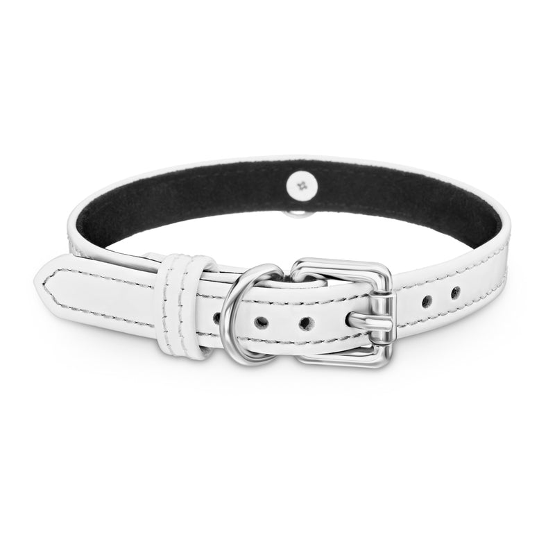 Dog White Patent Collar with Metal Ring Another Side