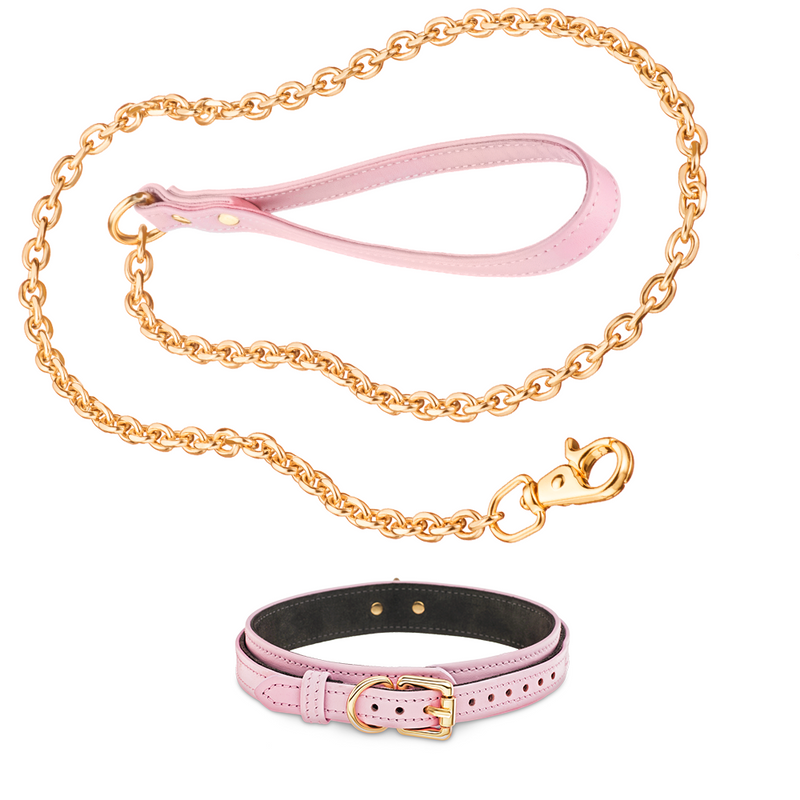 Recollier Dog Gold Chain Leash and Volt Collar Set Pink