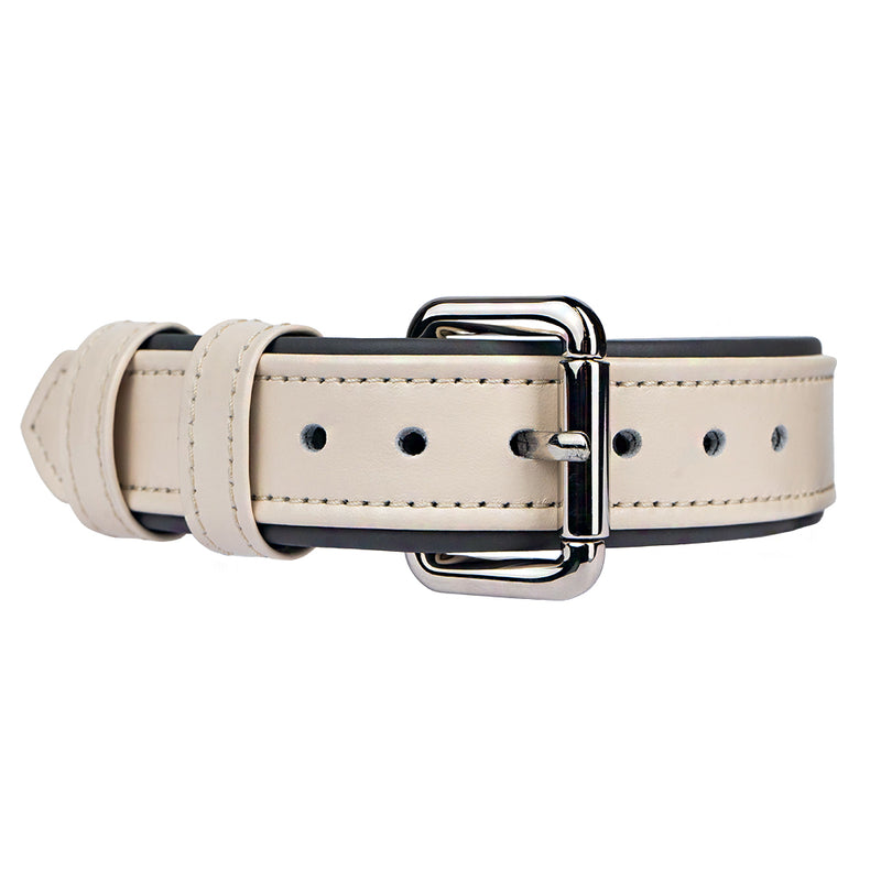 Leather Beige-Steel Dog Collar with Silver Hardware