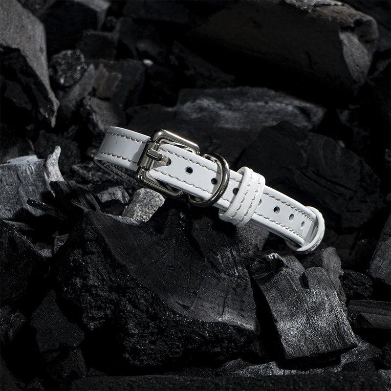 Dog White Patent Collar with Metal Ring on Coals
