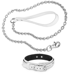 Recollier Dog Silver Chain Leash and Volt Collar Set White Patent