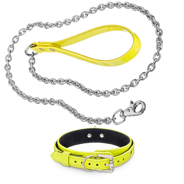 Recollier Dog Silver Chain Leash and Volt Collar Set Yellow Neon